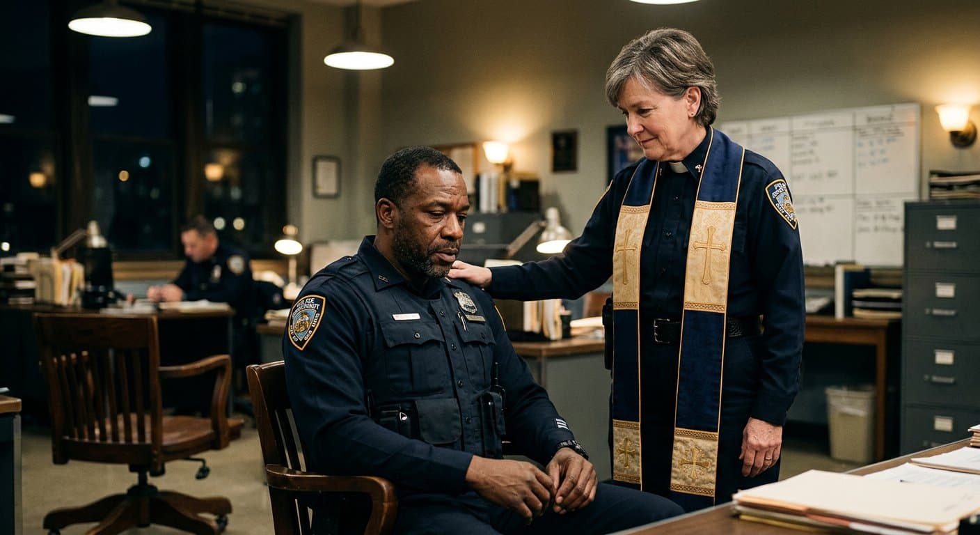 A chaplain comforting a police officer in a quiet moment of care