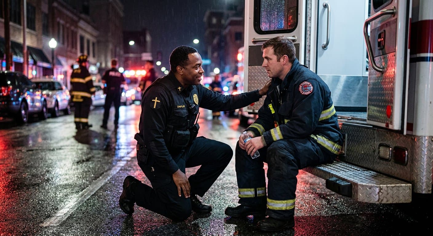 A chaplain kneeling in quiet conversation with a firefighter at night