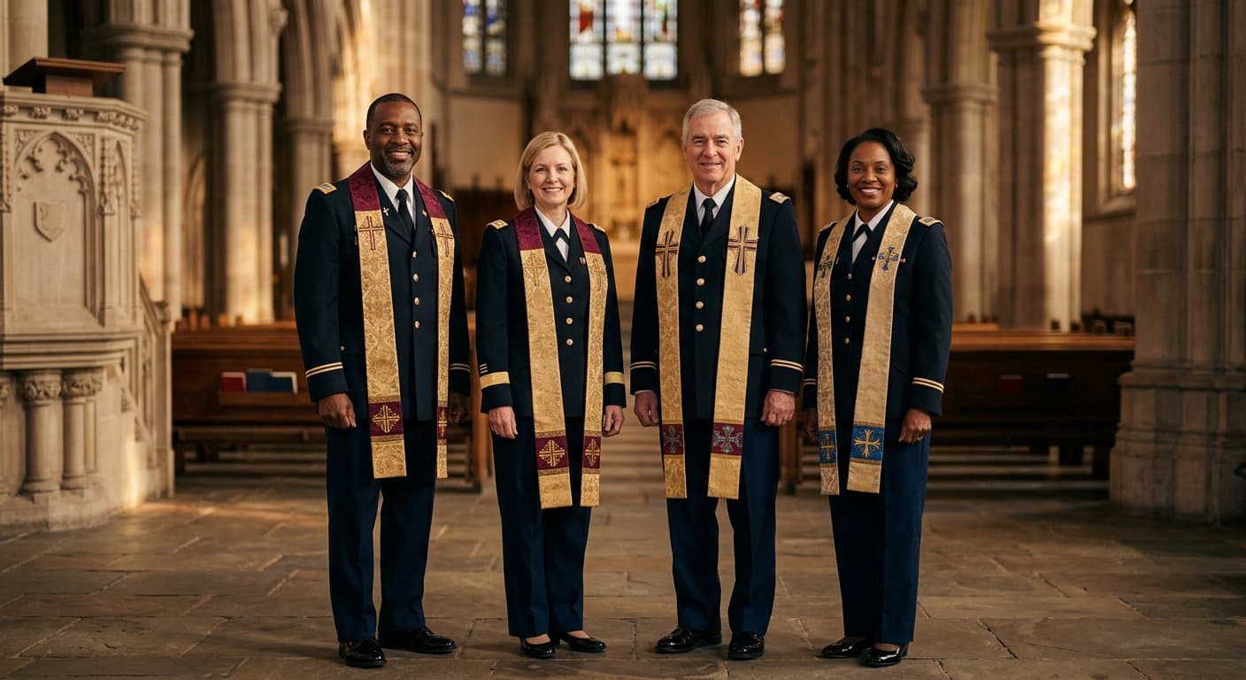 Diverse IPPSCC chaplains standing united in dress uniform