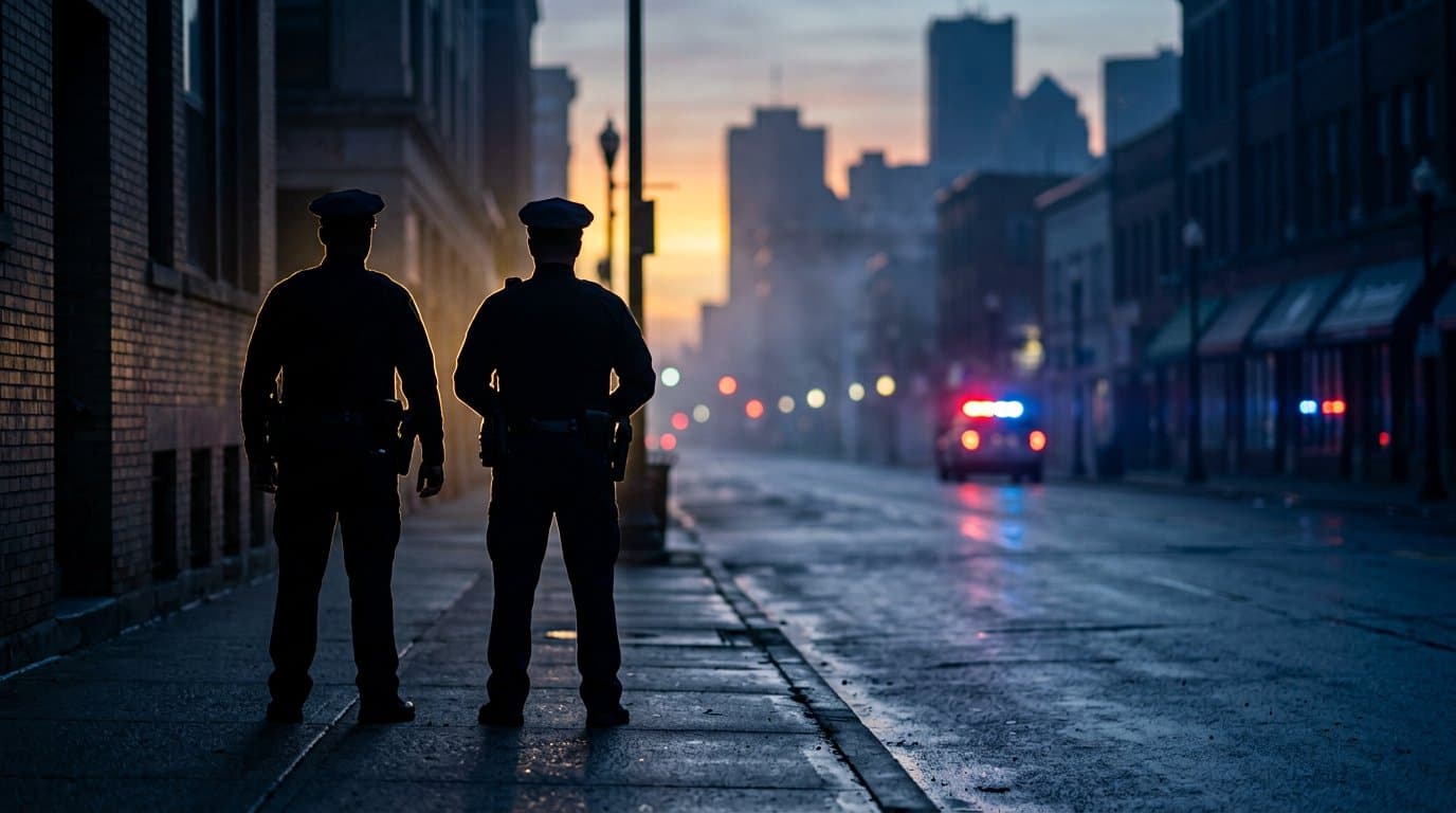 Uniformed officers silhouetted against dawn light