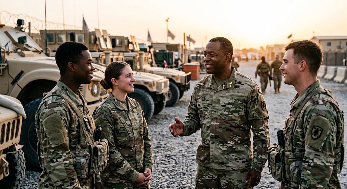 A military chaplain in dialogue with soldiers on base at golden hour