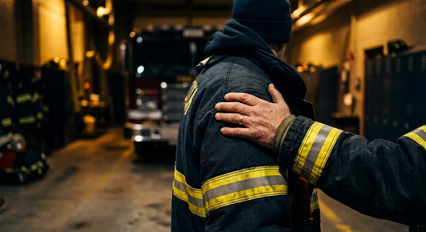A reassuring hand on the shoulder of a responder in protective gear