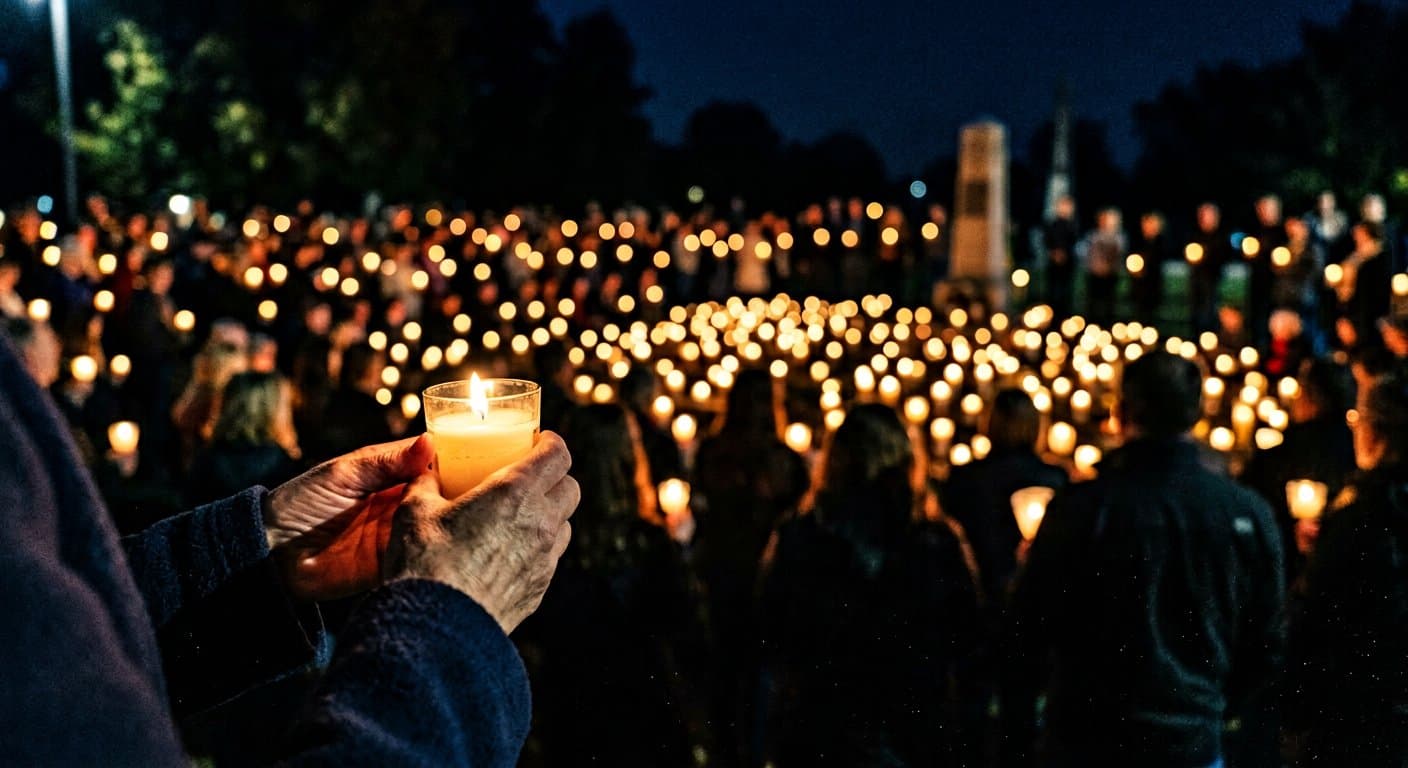 Candlelight glowing in darkness during a community vigil